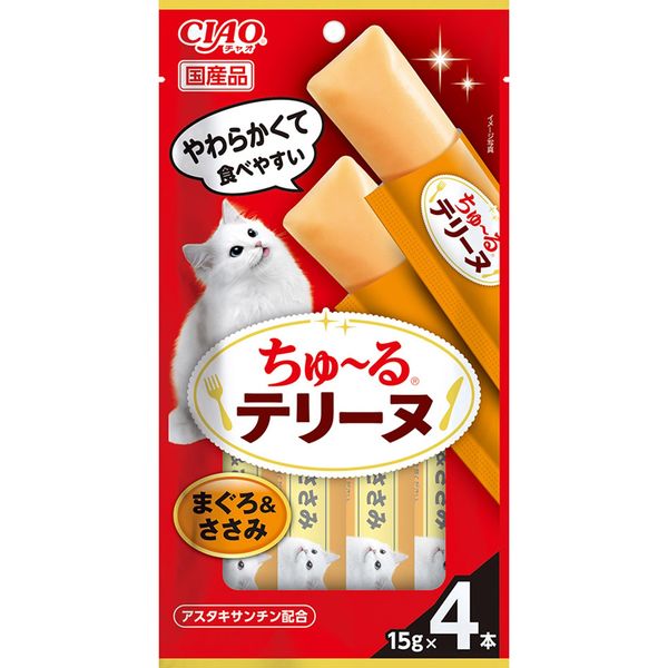 【商品説明】●ねこちゃんの大好きなちゅ〜るを噛んで食べられるテリーヌタイプに仕上げました。●まぐろとささみの美味しさたっぷりのおやつです。●アスタキサンチン配合。●原材料：鶏肉(ささみ)、まぐろ、まぐろエキス、糖類(オリゴ糖等)、植物性油脂、増粘安定剤(増粘多糖類、加工でん粉)、ミネラル類(Na、P、Cl)、調味料(アミノ酸)、ビタミンE、ヘマトコッカス藻色素(アスタキサンチン含有)●保証成分：たんぱく質3.5％以上、脂質0.1％以上、粗繊維0.1％以下、灰分1.6％以下、水分94.5％以下●エネルギー：約5kcal/本●賞味期限：24ヶ月●原産国または製造地：日本検索関連ワード（商品の説明ではありません）猫 おやつ 間食 ちゅーる チュール ちゅ〜る チュ〜ル レトルト パウチ ペースト 液体 個包装 小分け類似商品はこちらいなばペットフード CS-44 CIAO ちゅ246円いなばペットフード CS-47 CIAO ちゅ246円いなばペットフード CS-46 CIAO ちゅ246円いなばペットフード CS-175 CIAO ち1,087円いなばペットフード CS-145 CIAO ち191円いなばペットフード CS-176 CIAO ち1,087円いなばペットフード CS-158 CIAO ち282円いなばペットフード 49011337241381,128円いなばペットフード CS-171 CIAO ち202円いなばペットフード DS-513 いなば ちゅ246円いなばペットフード DS-514 いなば ちゅ246円いなばペットフード DS-512 いなば ちゅ246円