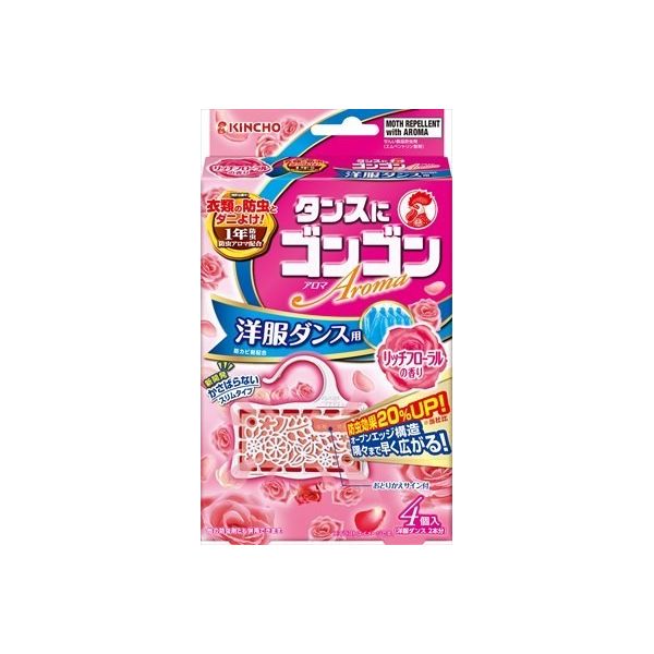 こちらの商品は、ご注文後納期確定まで約8日かかります。【商品説明】成分:防虫成分:エムペントリン(蒸散性ピレスロイド)、ハーブ成分(主としてテルピネオール)、防カビ成分:イソチアゾリン系防カビ剤 メーカー:大日本除虫菊(金鳥)ダニよけ効果をプラスした衣類用防虫剤。洋服ダンス600Lに対して、2個使用が目安。防虫アロマと防虫成分のW効果で、1年防虫。リッチフローラルの香り。類似商品はこちら4987115842588 ゴンゴンアロマ 25,454円4987115842342 ゴンゴンアロマ 25,454円4987115842199 ゴンゴンアロマ 25,454円4987115842403 ゴンゴンアロマ 25,454円4987115842595 ゴンゴンアロマ 25,236円4901070303052 ムシューダ 1年46,032円4987115842120 ゴンゴン 洋服ダ25,454円4987115842472 ゴンゴン クロー25,454円4987115842298 ゴンゴン 引き出25,454円4901080572318 ピレパラアース 8,950円4902407126498 ミセスロイドフロー754円4902407393890 ドライ＆ドライUP589円