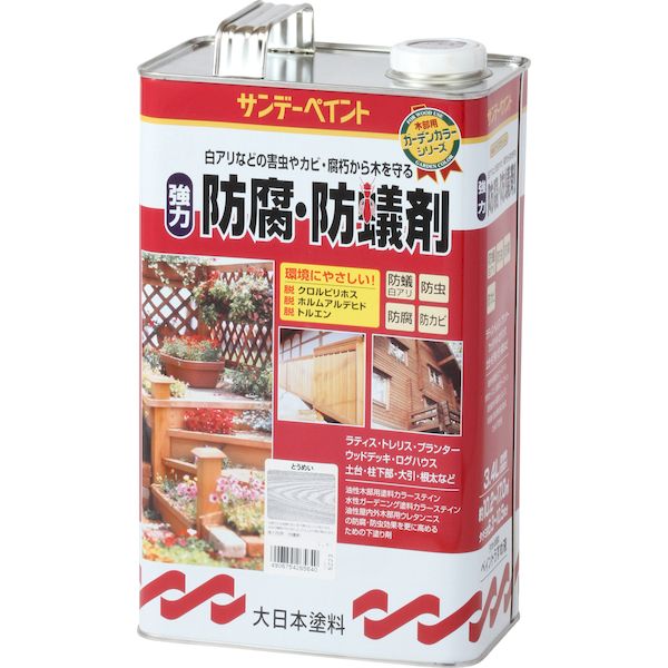 【商品説明】●縦（mm）：105●横（mm）：170●高さ（mm）：285●重量（kg）：約3.0用途●屋内外木部のシロアリ防除・防虫・防かび・防腐処理剤木造住宅、ログハウス、ウッドデッキなどの土台・柱下部・大引・根太およびラティス、トレリスなどのガーデニング用木材の未塗装部分に特長●木材に深く浸透して内部から白アリ防除・防虫・防かび・防腐効果を発揮します。●浸透性と薬剤効果により白アリ、キクイ虫、かび、腐敗から木材を護ります。●各種木部用塗料の下塗りとして使用できます。●安全性が高く作業性に優れています。●シックハウス症候群の原因物質とされるクロルピリホス、ホルムアルデヒド、トルエンなどを使用しない安全性の高い塗料です。防腐防蟻剤類似商品はこちらサンデーペイント 4906754265565 2,924円サンデーペイント 4906754265596 5,574円サンデーペイント 4906754265688 22,096円サンデーペイント 4906754265640 9,341円サンデーペイント 4906754265633 9,341円サンデーペイント 4906754265572 2,924円サンデーペイント 4906754265589 2,924円サンデーペイント 4906754265619 5,574円サンデーペイント 4906754265602 5,574円サンデーペイント 4906754265701 22,096円サンデーペイント 4906754265695 22,096円翌日出荷 直送 代引不可・他メーカー同梱不可 1,538円