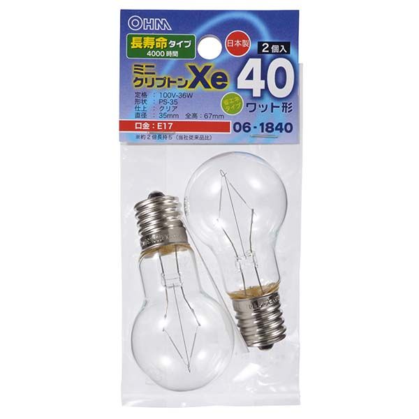 オーム電機 06-1840 ミニクリプトン球 長寿命タイプ 40W相当／クリア／PS－35／E17／2個入り LB－PS3740K－CLL2 061840 40形相当