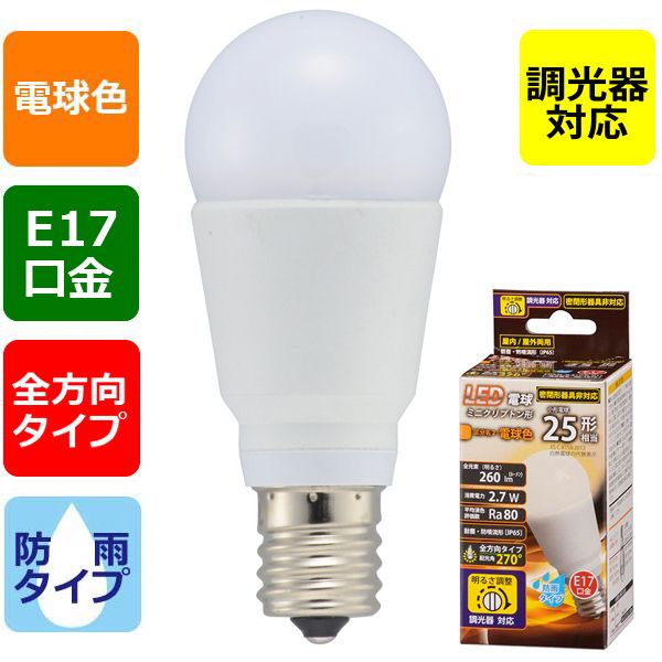 オーム電機0120-963-006【商品説明】特　徴●小形電球25形相当の明るさ●防雨タイプ●密閉形器具非対応●調光器対応●全光束（明るさ）260ルーメン●消費電力2.7W●耐塵・防噴流形（IP65）　※電気機械器具の外郭による保護等級（IPコード）JIS C 0920:2003による●全方向タイプ　配光角270°●屋内／屋外両用仕　様■交流電源：100V 50/60Hz■寸法（約）：全長…81.5mm　最大径…35mm■質量：49g■定格消費電力：2.7W■定格電流：34mA■全光束：260ルーメン■エネルギー消費効率：96.3ルーメン/W■平均演色評価数：Ra80■定格寿命：40000h■口金：E17■光色：電球色）（このほか使用器具の種類によって寸法的、熱的、その他の状況により使用できない場合があります。）・誘導灯、非常用照明器具・水銀灯器具等・断熱材施工器具（SBSGISG形表示器具など）・ランプと反射板の距離が狭い器具・直流電源・リモコンのついた電機器具や回路（適合表示器具を除く）・誘導灯器具、非常用照明器具、水銀灯・ナトリウムランプ・メタルハライドランプなどのHIDランプ器具・密閉形または密閉に近い器具（適合表示器具を除く）・白熱電球専用の人感センサー付き、遅れ停止スイッチなどの自動点灯器具・電球用以外の調光器具（蛍光ランプ用調光器具など）・調光器具でも次の器具では使用できません。（ちらつき・不点灯の原因）　人感センサー付調光器、段階調光形調光器　リモコン式調光器　定格1000W以上の調光器　記憶式調光器（明かりのシーンをボタンひとつで再現できる調光器）※調光したときの明るさの変化は、白熱電球とは異なります。※直流電源では絶対に使用しないこと。※調光には調光器が必要です。ランプ単体では調光できません。類似商品はこちらオーム電機 06-1877 LED電球 ミニク1,314円オーム電機 06-1876 LED電球 ミニク1,227円オーム電機 06-1878 LED電球 ミニク1,314円オーム電機 06-1879 LED電球 ミニク2,559円オーム電機 06-1880 LED電球 ミニク2,559円オーム電機 06-1872 LED電球 40形943円オーム電機 06-4340 LED電球 40形481円オーム電機 06-4343 LED電球 60形578円オーム電機 06-3465 LEDフィラメント587円オーム電機 06-3487 LEDフィラメント1,056円オーム電機 06-4331 LED電球 小形 673円オーム電機 06-4342 LED電球 40形481円