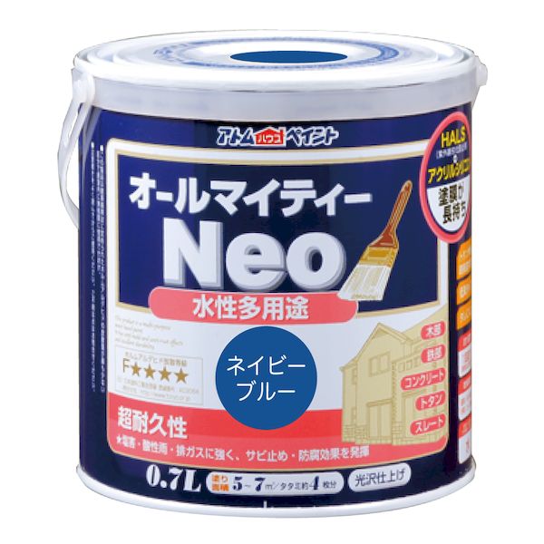 【商品説明】※色見本はご使用端末により若干の誤差がございますので、ご注意ください。【特長】・長期耐候を実現するアクリルシリコン樹脂とHALS（紫外線劣化防止剤）配合で、さらに色・ツヤが持続します。・カラーやサイズのバリエーションも豊富で学園祭や体育祭、文化祭をはじめ本格的な建築用途まで幅広い用途、幅広いお客様から支持されている塗料です。・別売りの「アトム　つや調整剤」を使用することで、オールマイティーネオのつやを調整することができます。【属性・仕上がり感・塗り回数】・水性つやあり仕上げ/1回塗り（薄く2回塗りを推奨）【用途】・（コンクリート）　モルタル、ブロック、外かべ等・（スレート）　スレート屋根、スレート瓦・（トタン（屋根除く））　トタン板、下見トタン【塗り面積】・84ML :0.8m2(タタミ枚数換算約 0.5枚)・200ML :　2m2 (タタミ枚数換算約 1.3枚)・0.7L :5 〜 7m2 (タタミ枚数換算約 4枚)・1.6L : 10 〜 15m2 (タタミ枚数換算約 8枚)・ 3L : 19 〜 28m2 (タタミ枚数換算約 14枚)・ 7L : 50 〜 70m2(タタミ枚数換算　約 35〜45枚)・ 14L :100〜140m2(タタミ枚数換算　約 70〜90枚) 【表面乾燥時間】・夏期　約1時間、冬期　2〜3時間※気温23度、湿度50%時の場合。【うすめ液/刷毛洗い】・通常/不要、濃い時/水・ハケ洗い：水【使用上の注意】・鉄部の塗装は錆が激しい場合、さび止め塗料を塗ってからの上塗りをお奨めします。・冬季は乾燥不良を避けるため、日中に塗装が終了するように作業してください。 結露等により、剥がれの原因となります。 塗料 塗装 ペンキ 水性 塗り替え 木 雨戸 戸袋 羽目板 鉄 フェンス 門扉 コンクリート ブロック スレート リシン モルタル 壁 かべ アクリルシリコン樹脂 長持ち 超耐久 工作 学校 発泡スチロール 段ボール ダンボール 紙 文化祭 学園祭 体育祭 イベント 多用途 無臭 速乾 ウッドデッキ ラティス トレリス類似商品はこちらアトムハウスペイント 4971544188012,607円アトムハウスペイント 4971544187612,691円アトムハウスペイント 4971544187632,691円アトムハウスペイント 4971544187622,691円アトムハウスペイント 4971544188345,339円アトムハウスペイント 4971544187532,645円アトムハウスペイント 4971544187992,607円アトムハウスペイント 4971544188052,607円アトムハウスペイント 4971544189342,607円アトムハウスペイント 4971544187792,645円アトムハウスペイント 4971544187862,691円アトムハウスペイント 4971544187772,691円