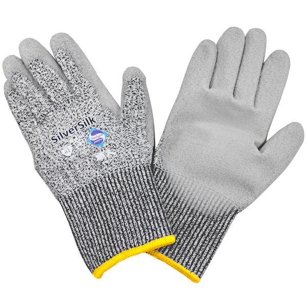 (LINEクーポン有)天寿刃物本舗 #267_LL あんたが職人 耐切創PU背抜き手袋 シルバーシルク LL