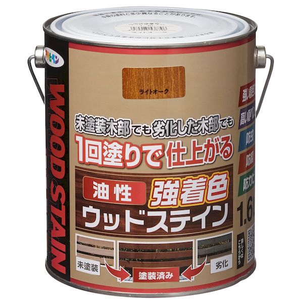 アサヒペン06-6930-5008【商品説明】●油性タイプの屋外木部用塗料●防虫、防腐、防カビ効果があります。●着色力が強く、1回塗りの油性塗料です。●用途：ログハウス、ウッドデッキ、天戸、羽目板、板壁、ラティス、ガーデン木製品など●規格：1．6L●色：ライトオーク