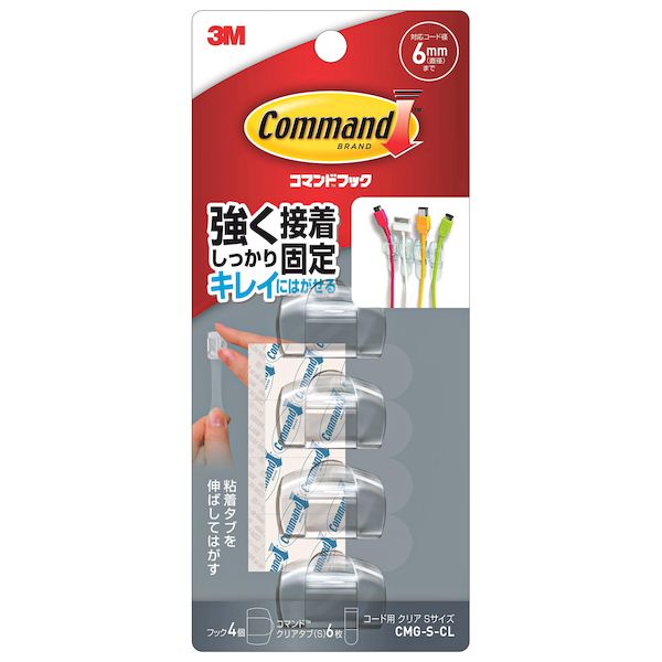 よく一緒に購入されている商品オーム電機 06-4454 LED電球 40形335円和気産業 4903757221109 KYH3220円オーム電機 06-4458 LED電球 60形431円3M スリーエム 4549395882625 1,002円3M0570-011-211【商品説明】●強く接着、しっかり固定できる透明のフックです。●キレイに剥がすことができます。●対応コード径　6mm(直径)まで●コードを壁にかける際にお使いください。●【取り付けられるところ】●板壁、柱、家具・机(木・スチール製)、ステンレス、冷蔵庫などの金属塗装面、粘着タブよりも大きいタイル、ガラス、人工大理石、プラスチック、化粧板(プリント紙合板等、材質によってつきにくいものがあります。接着面を消しゴムでこすると付きやすくなります。※表面の加工が落ちる場合があります。)●【取り付けられないところ】●壁紙(塩ビ製、布製、紙製など)、土壁、砂壁、天然大理石、直射日光のあたるガラス、レンジまわり、40℃以上の高温になるところ、ワックス・フッ素・防カビ加工などの特殊加工のしてあるところ、水分・油分・汚れの付着しているところ、塗装のはがれやすい面、浴室や屋外など、雨や水がかかるところ。●4個入り●フック：ポリカーボネート●タブ：ポリエチレン基材、ゴム系粘着剤類似商品はこちら3M スリーエム 4549395864249 1,021円3M スリーエム 4549395864225 607円3M スリーエム 4549395864201 436円直送・代引不可3M コマンドフック コード用 6,360円3M CM20CL コマンドフック クリア ス347円3M CMW2 コマンドフック ワイヤーフック389円3M CM99R コマンドフック Sサイズ フ233円3M CM20 コマンドフック スイングフック247円翌日出荷 3M スリーエム CMK-SC01S550円3M スリーエム CMR7 コマンドフック S286円3M スリーエム 4549395882670 529円3M スリーエム 4549395882663 529円