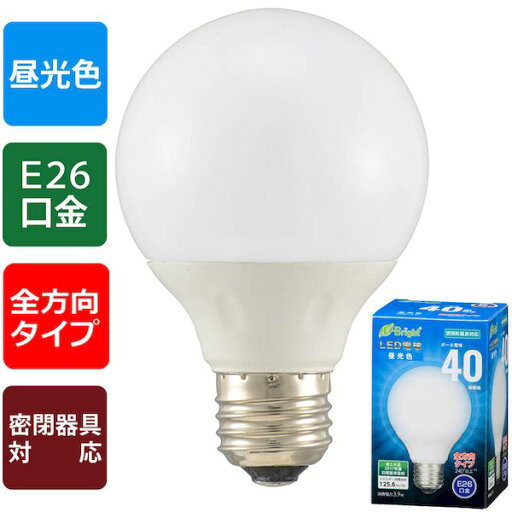 オーム電機 06-3596 LED電球 ボール球形 40形相当/490lm/昼光色/E26/全方向配光240°/密閉形器具対応 LDG4D-G 7AG20 063596 オーム電機 06-3596 LED電球 ボール球形 40形相当/490lm/昼光色/E26/全方向配光240°/密閉形器具対応 LDG4D-G 7AG20 063596