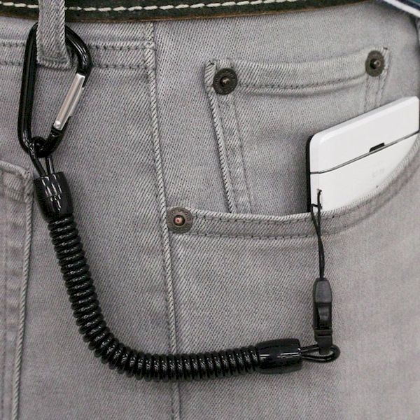 (LINEクーポン有)オーム電機 MDK-B-BK 藤本電業 極太ストラップ 直径10mmコイル／カラビナ式／伸長最長90cm／ブラック MDK−B−BK MDKBBK