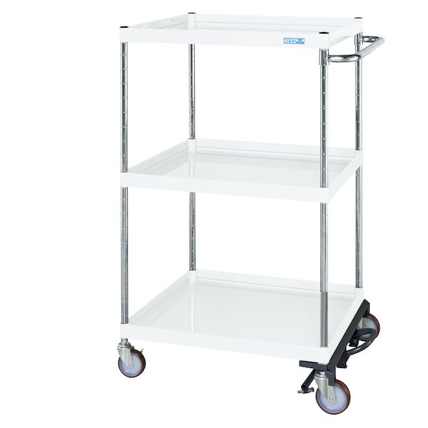 【商品説明】●ボルトレスで組立簡単。●棚板を逆さにするだけで、皿型・フラット型と組み替えることができます。●ナイロンウレタン車を使用していますので、耐油性、耐摩耗性、低温特性に優れております。比較的、表面硬度も低く、かつ床面の汚染度が少ないことから室内で多く使用されています。●又始動時における始動抵抗が抜群に優れている為、物を軽く移動搬送する事ができます。●ワンタッチでワゴンを止めるフットブレーキ付です。●機械周り、ライン作業の補助テーブルとして。工具収納、仮置き場として最適です。●4トントラック(幅：約2.3m)でお届けする場合がございますので、配送箇所までトラックが通行可能か事前にご確認下さい。●屋号の無い場合は注文をお受けできない場合もございます。●お客様のご都合により再配送の手配が発生した場合には別途費用が必要となりますのでご注意ください。●間口(mm)：750●奥行(mm)：500●高さ(mm)：1200●均等耐荷重(kg)：150●支柱径(Φmm)：25.4●キャスター径(Φmm)：100●材質(車輪)：ナイロンウレタン●色：パールホワイト●段数：3●質量(kg)：25●グリーン購入法：適合●RoHS指令(10物質対応)：対応●ピッチ(mm)：中棚50mmピッチ調整可能●ストッパー：あり(×2)?台車/スチールワゴン/補助台/補助テーブル類似商品はこちらサカエ SAKAE CSP-12123BRNU56,284円サカエ SAKAE CSP-6083BRNUW38,016円サカエ SAKAE CSP-6073BRNUW38,595円サカエ SAKAE CSP-7573BRNUW43,175円サカエ SAKAE CSP-7583BRNUW42,958円サカエ SAKAE CSP-9083BRNUW47,292円サカエ SAKAE CSP-9073BRNUW51,177円サカエ SAKAE CSP-90123BRNU53,454円サカエ SAKAE CSP-1283BRNUW53,969円サカエ SAKAE CSP-75123BRNU50,316円サカエ SAKAE CSP-75123BRNU50,316円サカエ SAKAE CSP-75123BRNU50,316円