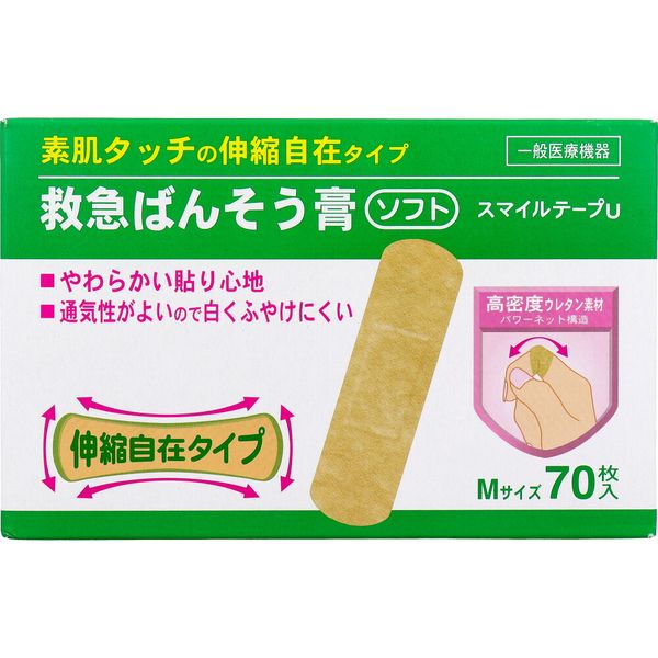 素肌感覚のやわらかい貼り心地　　通気性がよいので、白くふやけにくい！高密度ウレタン素材（パワーネット構造）【一般医療機器】医療機器届出番号：13B3X00430【サイズ】66mm×19mm（パッドサイズ25mm×13mm）【使用上の注意】・本品の使用により発疹、発赤、かゆみ等の症状があらわれた場合には使用を中止し、医師又は薬剤師に相談して下さい。・パッド部分が濡れ、又は汚れたまま放置すると傷の治りが悪くなりますので、患部を清潔にし、はり替えてください。・小児の手の届かない所に保管してください。・皮膚刺激の発生原因になりますので、長時間貼付したり急激にはがしたりしないでください。・直射日光を避け、湿気の少ないすずしい所に保管してください。・患部からはがした製品は再使用しないで下さい。類似商品はこちら4987059007746 防水救急ばんそう膏539円4987059002895 業務用 救急ばんそ1,582円4955574781526 ソフトタッチで、カ148円4987167053079 ニチバン スキナゲ279円4987167040659 ニチバン スキナゲ279円4987167040666 ニチバン ソフポア376円4987167045487 ニチバン スキナゲ422円4570118164568 救急ばんそうこう 345円4570118193117 救急ばんそうこう 345円4549660929819 ちいかわ 救急ばん331円4549660929604 ウルトラヒーローズ331円4549660929611 きかんしゃトーマス319円