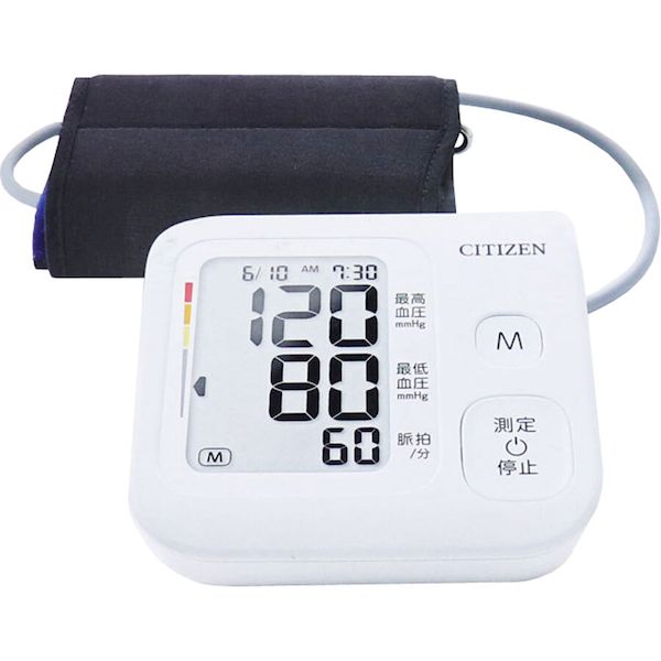 大型液晶表示で見やすく、操作性の良い大きな測定ボタン！電池を入れればすぐ測定できる簡単操作の上腕式血圧計です。●日付・時刻も記録。●60回分メモリ。●血圧分類表示。●脈間隔変動マーク。●体動マーク。●平均値表示。●ニッケル水素電池対応(別売り)。この商品は、”管理医療機器”です。販売するには、医療機器の届出が必要です。【管理医療機器】医療機器認証番号：229ADBZX00003000（医療機器の販売許可書がないと販売出来ません。）【仕様】測定方式・・・オシロメトリック法表示方式・・・デジタル表示装着部・・・カフ(腕帯)適用腕周範囲・・・22.0〜32.0cm測定範囲・・・圧力：0〜280mmHg、目量：1mmHg、脈拍：40〜180拍／分測定精度・・・圧力：±3mmHg、脈拍：読み取り数値の±5％時計・・・月差±30秒(25度にて)加圧・・・ポンプによる自動加圧減圧・・・微速排気弁方式排気・・・電磁弁による自動排気定格・・・DC6V電池・・・単4形乾電池(R03、LR03)4本または単4形ニッケル水素充電池(エネループまたは充電式エボルタ)4本電池使用回数・・・アルカリ乾電池：約300回、マンガン乾電池：約150回(1日1回測定、室温22度、170mmHg加圧で測定の場合)使用温湿度・・・10〜40度、相対湿度30〜85％RH保存温湿度・・・-20〜60度、相対湿度10〜95％RH使用気圧範囲・・・70kPa〜105kPaメモリー・・・60回分寸法・・・約110(幅)×47(高さ)×104(奥行き)mm質量・・・本体：約210g(電池含まず)、カフ(腕帯)：約130g付属品・・・カフ(腕帯)、単4形アルカリ乾電池4本(モニター用)、取扱説明書／保証書、医療機器添付文書／EMC技術資料【操作方法】(1)カフの青い帯を腕の内側に合わせて、カフをぴったり巻きます。(2)リラックスした状態で、「測定／停止」スイッチを押して測定を始めます。(3)測定中は楽な姿勢で安静にしてください。【注意】・ご使用前に取扱説明書を必ずお読みください。・測定結果の自己判断、および治療は危険です。必ず医師の指導に従ってください。・心臓疾患、その他循環器疾患、重度の血行障害のある方やペースメーカーをご使用の方は、医師の指導に従ってください。・電池の液が目に入ったり、皮膚に付着したときは、すぐに多量の水で洗い流し、医師の治療を受けてください。・分解・修理・改造をしないでください。類似商品はこちら4562191602365 シチズン上腕式血圧5,717円4562191602372 シチズン上腕式血圧7,472円4975479409677 オムロン 上腕式血12,271円4975479409851 オムロン 上腕式血7,540円4975175038515 TaiyOSHiP3,968円4562191602877 シチズン 手首式血5,923円オムロンヘルスケア HCR-7402 上腕式血14,566円オムロンヘルスケア HEM-1011 上腕式血19,900円オムロンヘルスケア HEM-7313 上腕式血10,863円オムロンヘルスケア HCR-7202 上腕式血10,862円オムロンヘルスケア HCR-7102 上腕式血9,733円4975479417030 オムロン 手首式血8,815円