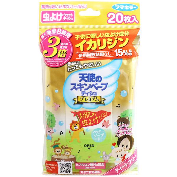 ムラなく塗れて舞い散らない虫よけウェットティシュ。小さな子供から大人まで使用回数制限もありません。●虫よけ効果最大8時間！有効成分を15％配合しているので、虫よけ効果が6〜8時間持続します。●有効成分としてイカリジンを配合したディートフリーの虫よけです。お肌にやさしく、年齢や回数等お子様への使用制限もありません。●顔や首に塗りやすく舞い散りもないので、お子様にも安心して使えます。携帯しやすく、手も汚れないので外出先でも気軽に使えます。●マダニにも効く！●潤水成分ヒアルロン酸Na配合で、お肌にしっとりなじむやさしい使い心地。ベビーソープの香りで、虫よけを塗るのを嫌がるお子様でも気持ち良く使えます。【防除用医薬部外品】【効能・効果】蚊成虫、ブユ、アブ、マダニの忌避【成分】有効成分：20枚(66mL)中イカリジン15(w／v)％その他の成分：エタノール、パラオキシ安息香酸エステル、ヒアルロン酸ナトリウム(2)、精製水、香料【使用方法】・適宜不織布を取り出して、肌の露出部分に塗布する。※袋の表の「OPEN」の所からシールを開けて、1枚ずつ取り出してお使いください。使用後は乾燥をさけるため、必ずシールをしっかり閉めて保管してください。【使用上の注意】★してはいけないこと・眼や口の周囲、粘膜や傷口等、肌の弱い部分には塗布しない。誤って付いた場合は直ちに水でよく洗う。★相談すること・眼に入ったり、飲んだり、舐めたりすることがないようにし、塗布した手で眼をこすらない。・万一、眼に入った場合には、すぐに大量の水またはぬるま湯でよく洗い流す。また、具合が悪くなる等の症状が現れた場合には、直ちに本剤にイカリジンとエタノールが含まれていることを医師に告げて診察を受ける。★その他の注意・定められた使用方法を厳守する。・漫然とした使用をさけ、蚊、ブユ等が多い戸外での使用等、必要な場合にのみ使用する。・乳幼児や初めて使う人、肌が敏感な人は、上腕の内側等に少量塗布し、その箇所に異常がないことを確かめてから使用する。・本品の1回使用による忌避効果の持続時間は、概ね6-8時間である。・本品を塗布した後には、経過時間や使用時の使用者の発汗等の状況を踏まえて、適宜、本品を再度使用する。・子供に使用する時は、保護者等が子供に塗布する。・子供の手には塗布しない(眼をこすったり、舐めたりするおそれがあるため)。・かいふうしたものは早めに使用する。・食品、食器、玩具、貴金属、ストッキング、合成繊維の衣類、皮革製品、毛皮、家具、塗装面、フローリング、プラスチック製品等に塗布しないようにする。・万一肌に異常を感じた時は、直ちに使用を中止する。・肌の露出部の他、必要に応じて手に出した後で履物やズボンの上に塗布して使用する。衣類に使用する場合には、繊維の種類によっては変質する場合がある。合成繊維は変質しやすいので注意する。また、本剤を使用した衣類は、洗濯する。