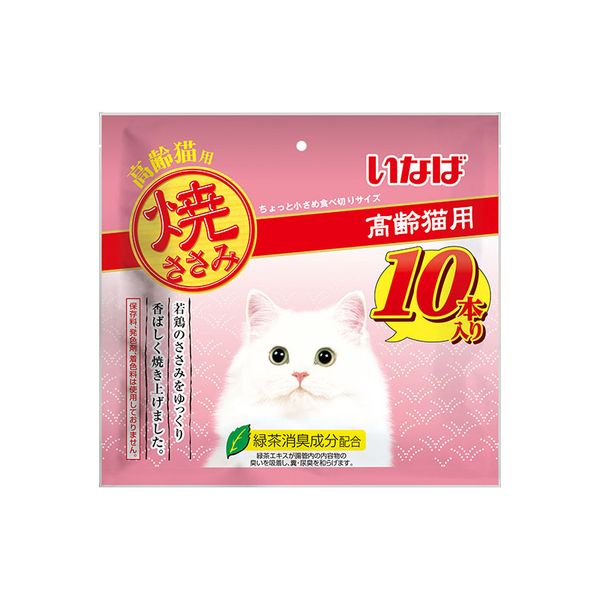 【商品説明】いなばペットフード　4901133706769　QSC−46 いなば 焼ささみ 高齢猫用 10本美味しい素材で愛猫大喜び♪・若鶏のささみをゆっくり香ばしく焼きあげました。・ちょっと小さめ食べきりサイズ。10本入り。・ビタミンE配合・緑茶消臭成分配合！緑茶エキスが腸管内の内容物の臭いを吸着し、糞尿臭を和らげます。・保存料、発色剤、着色料不使用●商品管理番号：4901133706769●生産地：中国●サイズ：パッケージサイズ：W300×H280×D30mm/重量280g●素材：＜原材料＞鶏肉(ささみ)、魚介類エキス、でん粉、コラーゲンペプチド、増粘多糖類、ビタミンE、緑茶エキス＜保証成分＞たんぱく質20.0％以上、脂質1.1％以上、粗繊維0.1％以下、灰分1.5％以下、水分77.0％以下＜エネルギー＞約20kcal/本●賞味期限：18ヶ月●メーカー名：いなばペットフード 株式会社類似商品はこちらいなばペットフード 4901133706745990円いなばペットフード 4901133706707146円いなばペットフード 4901133706714146円いなばペットフード 4901133626388211円いなばペットフード 4901133636851990円いなばペットフード QSC-40 いなば 焼本990円いなばペットフード QYS-45 いなば 焼さ992円いなばペットフード 4901133626401211円いなばペットフード 4901133626395211円いなばペットフード 4901133706691143円いなばペットフード 4901133706622145円いなばペットフード 4901133706646150円