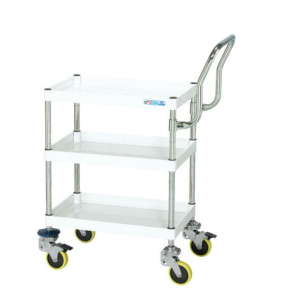 【商品説明】●ボルトレスで組立簡単。棚板を逆さにするだけで、皿型・フラット型と組み替えることができます。●帯電防止ウレタン車を使用しているツールワゴンですので、、静電気が帯電しにくく、ほこりがつきにくい為、静電気を嫌う現場に最適です。●また振動吸収キャスターなので、通常キャスターに比べて振動が1／5に軽減されます。●ハンドル部分が高い位置にあるので、動かす際に腰をかがめる必要が無くなり、身体的負担を軽減できます。●4トントラック(幅：約2.3m)でお届けする場合がございますので、配送箇所までトラックが通行可能か事前にご確認下さい。●4トントラックにて配送できない場合には、ご注文をお受けできない場合もございます。●屋号の無い場合は注文をお受けできない場合もございます。●お客様のご都合により再配送の手配が発生した場合には別途費用が必要となりますのでご注意ください。●納品先が個人宅(戸建住宅・集合住宅)様の場合、屋号が必須となります。屋号がない場合、配送ができない場合がございますのでご注意ください。●間口(mm)：600●奥行(mm)：400●高さ(mm)：（天棚板）925、（取手高）1185●均等耐荷重(kg)：50、（作動荷重）30●支柱径(Φmm)：25.4●キャスター径(Φmm)：100●材質(本体)：スチール●材質(車輪)：帯電防止ウレタン●色：パールホワイト●段数：3●質量(kg)：15●グリーン購入法：適合●RoHS指令(10物質対応)：対応●ストッパー：あり(×2)類似商品はこちらサカエ SAKAE CSP-7583HTSDB107,873円サカエ SAKAE CSP-6073HTSDB110,050円サカエ SAKAE CSP-7573HTSDB109,033円サカエ SAKAE CSP-6062HTSDB107,230円サカエ SAKAE CSP-7562HTSDB103,868円サカエ SAKAE CSP-6083HTSDB107,474円サカエ SAKAE CSP-6083HTSDB107,474円サカエ SAKAE CSP-6083HTSDB107,474円サカエ SAKAE CSP-6083HTNUB33,643円サカエ SAKAE CSP-6083HTNUB33,643円サカエ SAKAE CSP-6083HTNUB33,643円サカエ SAKAE CSP-6083HTNUB33,643円