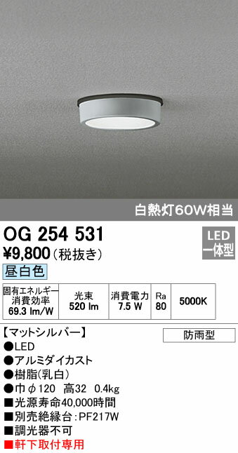 オーデリック ODELIC OG254531 LEDポーチライト 昼白色 白熱灯60W相当 エクステリア 軒下取付専用 PLATE 防雨型 照明器具