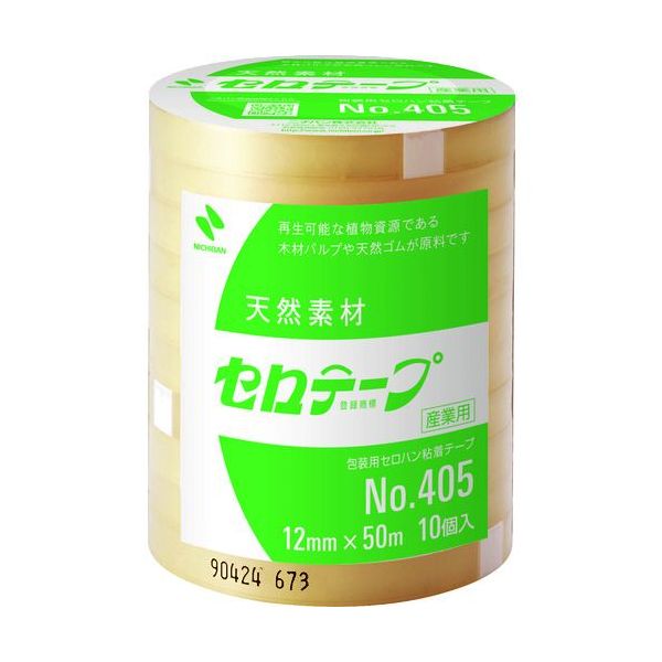 ニチバンメーカーお問い合わせ：0120-37-7218【特長】●力をかけずに素早く切れ、静電気が起こりにくく、においが少ないです。●バイオマスマーク認定品です。●二酸化炭素排出量が少なく環境にやさしい商品です。【用途】●軽包装全般、紙箱の包装や固定、ポスターなどの仮止め、貼り付けなど。【仕様】●色：透明●幅(mm)：12●長さ(m)：50●厚さ(mm)：0.05●粘着力(N/10mm)：3.93●引張強度(N/10mm)：41.6【仕様2】●粘着力：3.93N/10mm●引張強度：41.6N/10mm【材質／仕上】●基材:セロハン●粘着剤：ゴム系【原産国】日本類似商品はこちらニチバン 405-18X50 セロテープ 401,824円ニチバン 405-12X70 セロテープ 401,705円ニチバン 405-15X50 セロテープ 401,558円ニチバン 405-15X70 セロテープ 402,104円ニチバン 405-24X70 セロテープ 401,705円ニチバン 40518 セロテープ 405－181,304円ニチバン 40515 セロテープ 405－151,048円ニチバン 405-24X50 セロテープ 401,225円ニチバン 40524 セロテープ 405－24852円ニチバン 405-12 セロテープ405 1895円ニチバン CT405AP-12 セロテープ業務850円ニチバン 4051P-18X70 セロテープ 2,596円