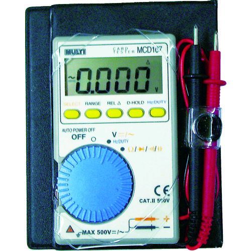 【特長】●オートレンジ・オートパワーオフ付です。【用途】●電気工事・保守・メンテナンス。●電圧・抵抗・周波数などの測定。【仕様】●直流電圧(V)：500●交流電圧(V)：500●抵抗(Ω)：40M●幅×奥行×高さ：59×8.6×99mm●連続使用時間：140時間●最大表示(カウント)：4000●検波方式：平均値整流(MEAN)●電源：コイン型リチウム電池(CR2032)×1個(付属)【原産国】中国補足商品ワード：測定器・工具のイーデンキ edenki　簡単　作業現場　コンパクト　電気工事　強力　工具　産業用機器　本格　電圧測定　本格　TESTERS　修理　業務用　計測機器　強い　電気設備　マルチメーター　設備機器　電流測定　ツール　生産加工用品　道具　わかりやすい　自動車関連　スリム　使いやすい　見やすい　便利　デジタルテスタ　高性能　DIGITAL　工場　プロ　メンテナンス　施設　DIY　業者　テスター類似商品はこちらマルチ計測器 MULTI MCD-107 ポケ6,402円マルチ計測器 MULTI MCD-008 ポケ7,845円マルチ計測器 MULTI MCD-010 ポケ12,353円マルチ計測器 MULTI MCD-009 ポケ11,733円マルチ MCD-008 コード収納機能付ポケッ6,039円FLUKE 107 ポケットサイズ・マルチメー13,483円1-9832-01 ポケットマルチメータ MC7,870円マルチ MCD-010 コード収納機能付ポケッ10,802円新潟精機 SK MCD-25IP65MW デジ32,071円新潟精機 SK MCD-75IP65MW デジ46,463円新潟精機 SK MCD-100IP65MW デ50,960円新潟精機 SK MCD-50IP65MW デジ37,469円