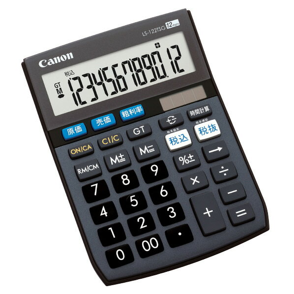 [キヤノン 卓上電卓 LS122TSG] の商品説明●環境にやさしい、「グリーン購入法適合」モデル。●原価・売価・荒利率の計算をワンタッチで行える、商売計算機能。●時給計算に便利な、時間計算機能付き。●チルト機能搭載、液晶の角度を見やすく調整可能。●大型液晶で、表示が見やすい。[キヤノン 卓上電卓 LS122TSG]のスペック●表示桁数:12桁●電源:太陽電池+リチウム電池(CR2032×1)●寸法:W10.75×H3.1×D14.8cm●質量:132g(電池含む)○初期不良のみ返品可