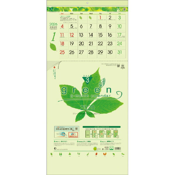 トーダン カレンダー 2026年版 グリーン3ヶ月eco-上から順タイプ- 2026CL1019グリ-ン3カゲツエコ [2026CL1019グリ-ン3カゲツエコ]