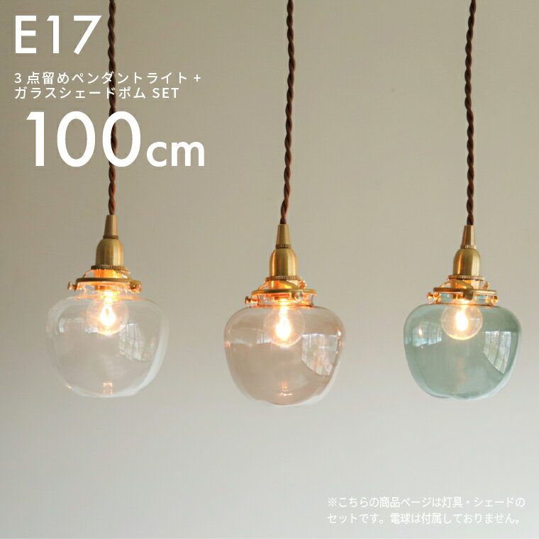 E17 3点留めペンダントライト100cm＋ガラスシェード ポム セット 真鍮 ペンダントランプ 林檎 りんご ランプシェード 天井照明 間接照明 1灯用 吊り下げ照明 ブラウンコード 玄関 洗面所 トイレ キッチンカウンター リビング ダイニング 照明 北欧風 おしゃれ シンプル
