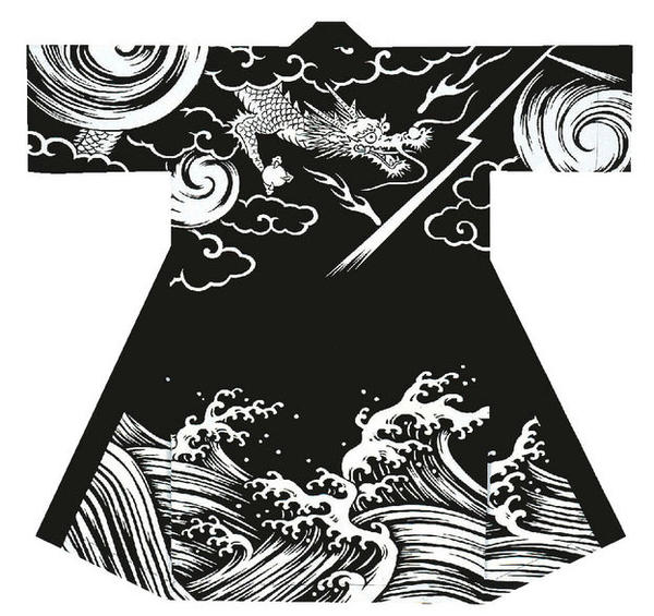 よさこい長半纏 【龍と波】(黒地)