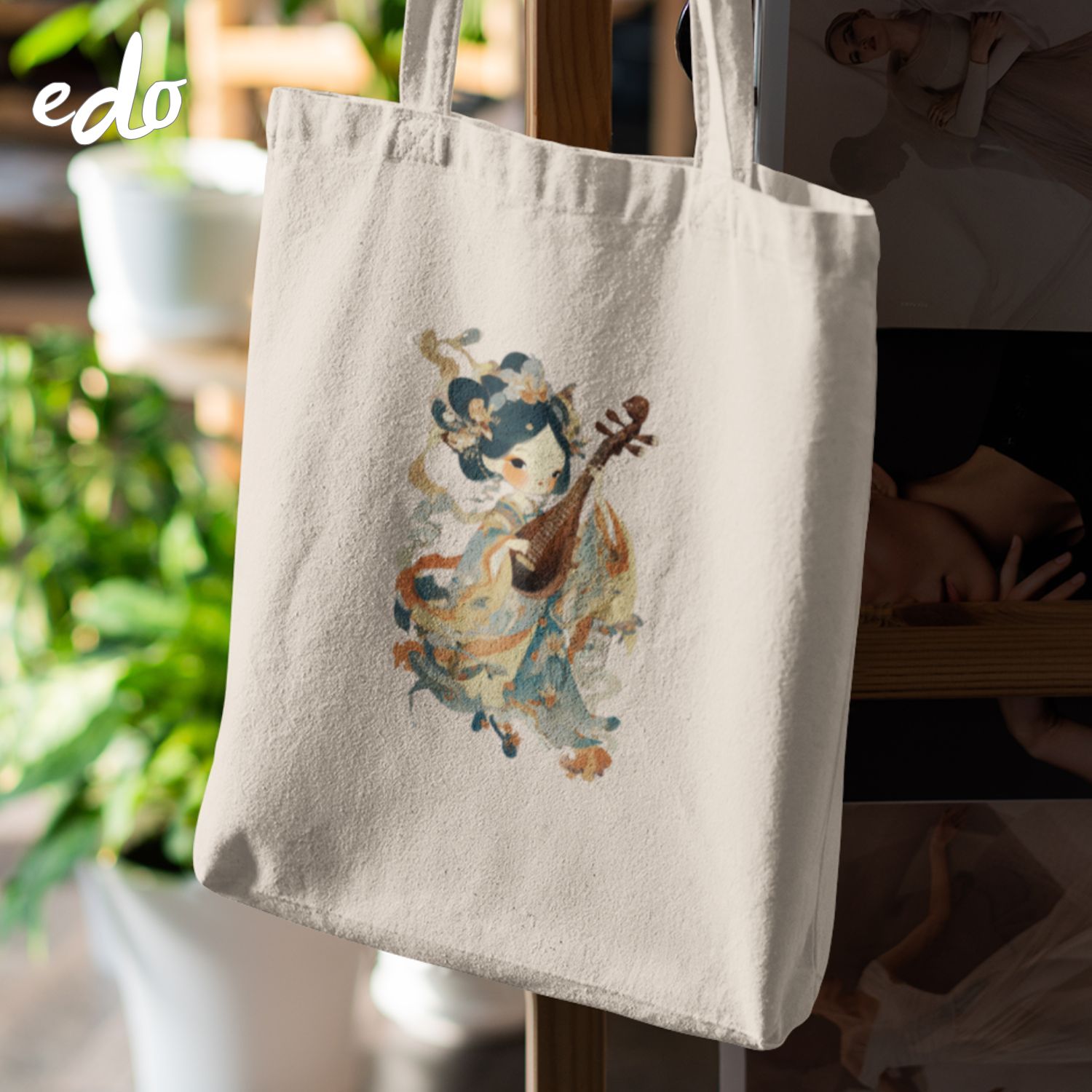 おしゃれなトートバッグ 「可憐な少女と琵琶」 キャンバストートバッグ 帆布 ギフト包装可 バッグ エコ..