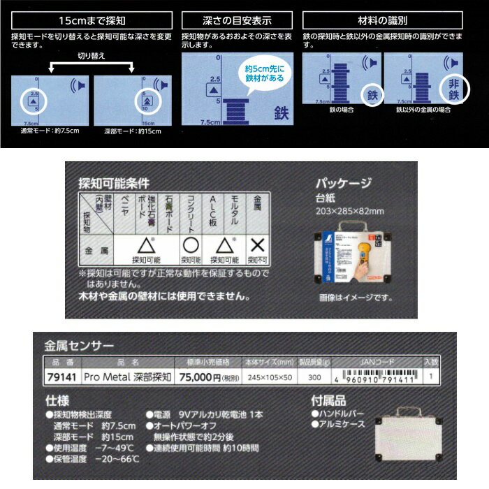 シンワ測定 19141 金属センサー Pro Metal 深部探知 深部モードで15cmまで コンクリート壁内の見えない金属を探知 新品 代引不可 ウオ−ルスキャナ 純正品