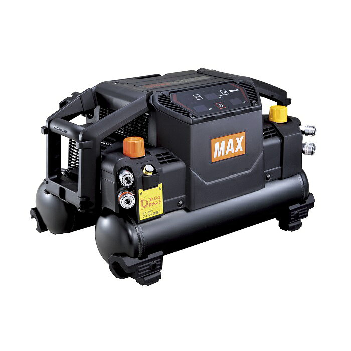 マックス製のス－パ－エア・コンプレッサのAK-HL1310E2B（黒）です。 特徴 ●ワンタッチでフィルタ清掃ができる新機構「プッシュDメンテ」(PAT.P)搭載。 　吐出性能の維持と運転時間の削減を実現。 ・コンプレッサの性能を長続きさせるために 　フィルタの目詰まりは、コンプレッサの性能維持に大きく影響します。 　3枚目の画像の例のように、使う時間が長くなるほど増す目詰まりを、いかに抑えるか・・・ 　AK-1310E2シリーズは、ボタンを3秒間押すだけでフィルタの清掃ができる新機構 　「プッシュDメンテ」を搭載しました。 　これからはご自身で、簡単に、定期的に、フィルタのメンテナンスが行えます。 ・0から満タンまでの充填時間（MAX調べ） 　新　品　　　　　：100％ 　フィルタ清掃無し：118％ 　プッシュDメンテ：108%→フィルタ清掃で性能ダウンを低減！ ※新品時の充填時間を100％とした場合の1,000時間運転後の充填時間比較。 　作業条件によって充填時間の維持率が変わる場合があります。 ●さらに静かに 新・静音制御（静音モード）採用！ 　モータ駆動電圧を滑らかに変動させる新・静音制御の採用により、 　耳障りな音を抑えた滑らかな運転と静音性を実現します。 　人が耳障りに感じる1kHz～5kHzにおいて従来制御より静かに！ ●好評AIモードで、最高圧まで自動切換！ 　必要な分だけエアを溜める自動制御運転（PAT）。 ●オプション 　脱着式3連タンク：AKT16(44K)（PAT.P）登場！ 　簡単ステップで27L仕様（5連タンク）に変身！ ・AK-1310E2とAK-T16の脱着方法 　1、AKT16(44K)のラッチをコンプレッサ側のフックに引っ掛けて固定します。 　2、AKT16(44K)のフレキホ－スを取り付けたエアチャック44Kに差し込みます。 　3、フレキホ－スを外した後にAKT16(44K)の前後のラッチのロックを押し込みながら、 　　フックから取り外します。 　※エアコンプレッサとエアタンクの圧縮空気がすべて排出されていることを必ず確認してください。 　※AKT16(44K)はエアコンプレッサAK-1310E専用です。他のコンプレッサには接続できません。 ●コードが絡まない　便利なコードリールを標準装備 ●デザイン性を高めた見やすい操作パネル 　1、タンク内圧デジタル表示 　（エラー表示、電圧警告表示、オーバーヒート表示） 　2、運転モードLED 　3、運転モード切替スイッチ 　4、各種お知らせLED 　（点検、異常、防犯アラーム、Bluetooth接続、ブレーカー落ち軽減) 　5、ブレーカー落ち軽減スイッチ 　6、取出圧力デジタル表示 ●消音エアフィルタを標準装備 ●スマホでコンプを動かす・わかる！ ※コンプアプリからBluetooth無線技術を使用し、 　スマホと接続することでスマホから本機の遠隔操作やお客様専用モード設定などができます。 ・コンプの電源ON/OFFがスマホでできる。 ・運転モ－ドの切替がスマホでできる！ ・設定モ－ドON圧、OFF圧がわかる！ ・圧力低下と復帰がわかる！ ・コンプレッサの内部環境（電源・温度）がわかる！ ※ダウンロード時に発生するデータ通信料はお客様負担となります。 ※Bluetoothのワードマークおよびロゴは、Bluetooth SIG Inc.が所有する登録商標であり、 　マックス株式会社はこれらのマークをライセンスに基づいて使用しています。 　その他商標およびトレードネームは、それぞれの所有者に帰属します。 ・操作画面 　1、防犯アラーム[電源抜けたらアラ－ム]（PAT.P） 　　作業中、本体の電源プラグが抜けた時、抜かれた時、 　　またブレーカーが落ちた時にアラームでお知らせします。 　※作業終了後、プラグを抜く時は必ず設定を解除してください。 　　設定・解除方法は取扱説明書でご確認ください。 　2、いっぷくタイマ 　　設定時間経過後、電源を自動でONにさせアラームが鳴り、作業開始をお知らせします。 　　（15分刻みで設定できます。） 　3、ブレーカー落ち軽減モード（PAT.P） 　　機械の運転を制御しブレーカー落ちを軽減します。 　4、カスタムモード 　　停止圧・起動圧を任意で設定して頂くことで、 　　自分仕様のコンプレッサにすることが可能です。 　【設定例】 　　ON圧：2.1MPa　OFF圧：4.4MPa 　　内装リフォーム時などコンプレッサを極力動かしたくない時に。 　　再起動圧と停止圧を標準より低く設定することが可能。 ※圧力の設定範囲と設定方法は取扱説明書でご確認ください。 　5、カレンダー機能 　　カレンダーに施工記録を写真と文章で残しておくことが可能です。 　　また、今後のスケジューリングにもお使いいただけます。 　6、SNSタイムライン機能 　　SNSの投稿データが表示されます。 　7、持ち物リスト機能（設定画面内） 　　設定ボタン→持ち物ボタンをタップしていただくと、 　　ご自身の所有物登録ができます。 　　※持ち物リスト機能で所有物を登録しても保証対象にはなりません。 　　　保証登録は、別途購入時に添付されている保証書をご提出ください。 商品仕様 ●空気取出口 ・高圧パ－ジ機構付　　　　　：1個 ・高圧ワンタッチ式　　　　　：1個 ・常圧パ－ジ機構付　　　　　：1個 ・常圧ワンタッチ式　　　　　：1個 ●減圧弁の圧力調整範囲 ・減圧弁（H）　　　　　　　：高圧　0.1～2.45Mpa（約1～25kgf/cm2） ・減圧弁（L）　　　　　　　：常圧　0.1～0.83Mpa（約1～8.5kgf/cm2） ●圧力制御範囲 ・静音モ－ド　　　　　ON 圧：約2.5Mpa 　　　　　　　　　　　OFF 圧：約3.0Mpa ・AIモ－ド　　　　　　ON 圧：約2.5～3.9Mpa 　　　　　　　　　　　OFF 圧：約2.9～4.4Mpa ・ハイパワ－モ－ド　　ON 圧：約3.9Mpa 　　　　　　　　　　　OFF 圧：約4.4Mpa ●モ－タ　　　　　　　　　　：DCブラシレスモ－タ 1300（W） ●使用電源　　　　　　　　　：AC100V（50/60Hz共用） ●気筒圧x行程x気筒数 ・1段側　　　　　　　　　　：φ60mm X 28mm X1 ・2段側　　　　　　　　　　：φ40mm X 10mm X1 ●エアタンク容量　　　　　　：11（L） ●本体サイズ　　　　　　　　：336x351x573（高さx幅x長さ、mm） ●質　量　　　　　　　　　　：16（kg） ●静音モード運転時 　負荷電流値　　　　　　　　：最大12（A） 　回転速度　　　　　　　　　：最大1,400（min-1） 　AD吐出量（2.5Mpa）　　　：111（L/min）※1 　FAD吐出量（2.5MPa）　　：52（L/min）※2 ●AIモード運転時 　負荷電流値　　　　　　　　：最大15（A） 　回転速度　　　　　　　　　：最大2,450（min-1） 　AD吐出量（2.5MPa）　　　：194（L/min）※1 　FAD吐出量（2.5Mpa）　　：97（L/min）※2 ●ハイパワ－モード運転時 　負荷電流値　　　　　　　　：最大15（A） 　回転速度　　　　　　　　　：最大2,450（min-1） 　AD吐出量（2.5Mpa）　　　：194（L/min）※1 　FAD吐出量（2.5Mpa）　　：97（L/min）※2 ※1　AD吐出量（エア・デイスプレイスメント）：行程容積と定格回転数から求めた理論値 ※2　FAD吐出量（フリーエア・デリバリ）：容積形圧縮機の試験規格ISO1270(JIS B 8341)による測定値 マックスだけの2年間保証付です。 （2年間保証はメ－カ－登録が必要で、自然故障に限ります。） 是非宜しくお願い致します！ ご注意！ ●こちらの商品は、商品代引便での発送は取り扱いしておりません。 ●大型商品は運送会社が個人宛てには発送してくれなくなりましたので、 　法人名義をお持ちの場合は法人名を連絡してください。 　なお、法人名義をお持ちでない場合は、○○工務店等の名義で発送させていただきます。 　この点はご了承願います。 メーカー希望小売価格はメーカーカタログに基づいて掲載しています弊社へのお問い合わせ、こんな物を出品して欲しいというご要望やご希望、またはカタログ請求をして頂く場合にもここからメ-ルでお気軽にお問い合わせ下さい。