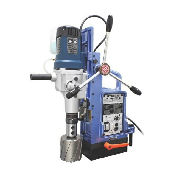 日東工器製の携帯式磁気応用穴あけ機”アトラエ−ス”のARA-100Aです。 特徴 ●大口径・深穴用手動タイプ ●幅広い応用力 　適合刃物の種類が豊富でオールラウンドに活躍。 ●便利機能 　送りハンドルは左右取り付け可能。 （但し、送りハンドルと反対側にオイルタンクの付替えが必要。） ●ジェットブローチ・ツイストドリル 兼用タイプ ※ワンタッチタイプの「ジェットブローチ」を使用する場合、 　ホルダMT03075ワンタッチが必要です。 ●穴径：φ17.5〜φ100mm（最大板厚：75mm） ●LED表示で穴あけをサポ−ト ・負荷表示 　緑点灯：正常な負荷表示　 　　↓ 　赤点灯：過負荷に近づいた状態 　　↓ 　赤点灯（早い）：過負荷状態 →さらに負荷（自動停止）　　　：緑点滅（ゆっくり）モータ−停止 →負荷を軽減（自動再スタ−ト）：緑点灯　　　　　　通常運転に戻る ●危険防止のためのLED表示 ・横ズレ防止：赤点灯 　穴あけ作業時にマグネットが横ズレした場合、モータは自動停止します。 ・再起動防止：緑点灯 　使用中、停電等で電源が一度遮断されると、 　電源を復帰させてもマグネットは吸着しますが、 　電気ドリルは回転しません。 ・マグネット断線時起動防止：赤点灯（ゆっくり） 　マグネットに異常が生じた場合、電気ドリルは回転しません。 ●位置調整機構付 　回転330°　前後スライド20mm ●2段変速電ドリと回転速度調整 ●適切な切削速度に調節 ●チップブレーカー 仕様 ●電　源　　　　　　　　　：AC200V 単相（50/60HZ） ●電気ドリル部 ・定格消費電力　　　　　　：1,800W ・定格電流　　　　　　　　：9A ・無負荷回転速度　　　　　：110〜210/330〜660回転/分 ●マグネット消費電力　　　：80W ●穴あけ能力 ・ジェットブロ−チワンタッチタイプ 　　　　　　　　　　　35L：穴径φ17.5〜φ40（板厚13〜35mm） 　　　　　　　　　　　50L：穴径φ17.5〜φ65（板厚13〜50mm） 　　　　　　　　　　　75L：穴径φ17.5〜φ55（板厚13〜75mm） ・ジェットブロ−チ 　　　　　　　　　　　75L：穴径φ50〜φ100（板厚13〜75mm） ・ハイブロ−チワンタッチタイプ 　　　　　　　　　　　25L：穴径φ17.5〜φ35（板厚13〜25mm） ・ツイストドリル　　　　　：最大φ32 ●マグネット吸着最小板厚　：13mm ●最大ストローク長　　　　：296mm ●マグネット最大磁力　　　：17,000N[1,733kgf] ●マグネット寸法　　　　　：110x220mm ●キャブタイヤコード　　　：5m ●本体質量　　　　　　　　：30kg ●本体寸法　　　　　　　　：幅272mm×高さ618mm×横570mm 標準付属品でパイロットピン12075Ass'y：1本、ドリフトリフト：1本、 六角棒スパナ 2.5mm、5mm、6mm、8mm：各1本、スパナ7×8mm：1本、切削油0.5リットル：1缶 工具箱：1箱、チェーン：1本、ホルダMT03075サイドロック：1個、チップブレーカ：1個、 オイルタンク：1個、オイルタンクブラケット：1個、ハンドル棒：3本、サイドハンドル：1本、 六角穴付止めネジM20平先：1個、六角ナット3種M20：1個付です。 （刃物は別売です。） 是非宜しくお願い致します！ ご注意！ ●こちらの商品は、北海道の一部地域、沖縄県全域、およびその他の県の他離島の方には発送できません。 　また、一部山間部や遠隔地も運送会社が配達してくれない場合がございますので、 　質問欄にてお問合せしてください。 ●こちらの商品は、商品代引き便での発送は取り扱いしておりません。 ●大型商品につきましては、 　日祝土曜日の配達日指定、配達時間の指定はできません。 ●商品の発送は車上渡しになります。 ●大型商品は運送会社が個人宛てには発送してくれなくなりましたので、 　法人名義をお持ちの場合は法人名を連絡してください。 　なお、法人名義をお持ちでない場合は、○○商店等の名義で発送させていただきます。 　この点はご了承願います。 メーカー希望小売価格はメーカーカタログに基づいて掲載しています弊社へのお問い合わせ、こんな物を出品して欲しいというご要望やご希望、 またはカタログ請求をして頂く場合にも ここからメ-ルでお気軽にお問い合わせ下さい。