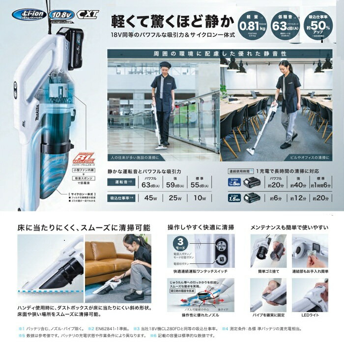 マキタ 掃除機 CL200FDZW 10.8V充電式クリーナー サイクロン一体式 軽くて驚くほど静か 10.8Vスライド式バッテリ仕様 本体のみ バッテリ・充電器別売 新品 makita CL200FDZW 純正品