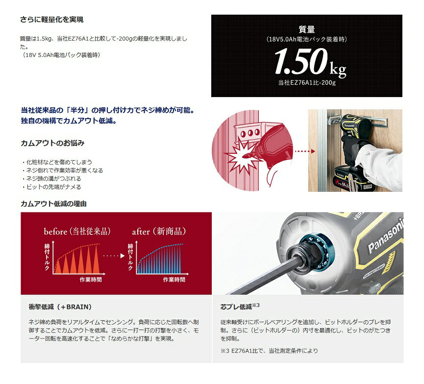 パナソニック EZ1PD1J18D-R + アングルアタッチメント + スミ打ちアタッチメント 18Vインパクトドライバ− 18V-5.0Ah電池パックx2個 + 充電器付セット EXENA 赤 新品 純正品
