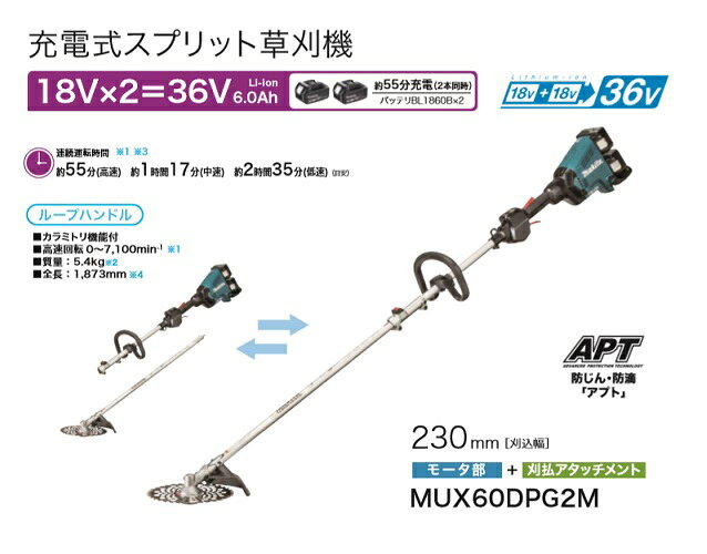 マキタ 草刈り機 MUX60DPG2M 18Vx2=36V 充電式スプリット草刈機 分割棹式 ハイパワ...