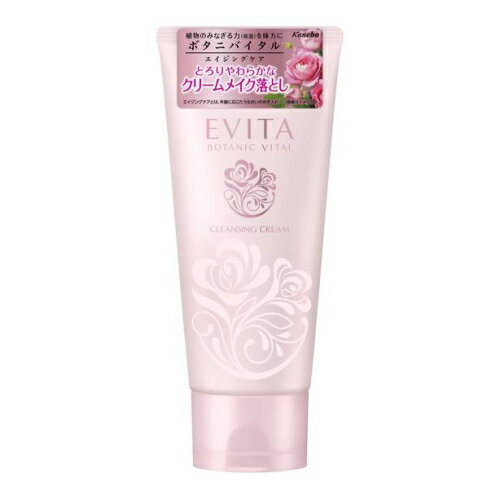 EVITA BOTANIC VITAL CLEANSING CREAM　とろりやわらかなクリームメイク落としうるおいは守りながらしっとり落とすエイジングケアメイク落としフレッシュローズの香り【ボタニバイタル処方】●ボタニモイストP配合（保湿）：ダマスクバラ花水、キュウリ果実エキス、モモ葉エキス、モモ果汁、水溶性コラーゲン、ヒアルロン酸Na【植物由来アミノ酸系洗浄成分】ステアロイルグルタミン酸Na※エイジングケアとは、年齢に応じたうるおいのお手入れ＜使用方法＞適量（マスカット大）を手にとり、お顔全体をやさしくマッサージするようにメイクとなじませたあと、水またはぬるま湯で洗い流すか、ティッシュペーパー等でふき取ってください。＜使用上の注意＞●傷、はれもの、湿疹等異常のあるところには使用しないでください。●肌に異常が生じていないかよく注意してご使用ください。肌に合わない時や、使用中、赤み、はれ、かゆみ、刺激、色抜け（白斑等）や黒ずみ等の異常が出た時、また日光があたって同じような異常が出た時は使用を中止し、皮フ科医へ相談してください。使い続けると症状が悪化することがあります。●目に入らないよう注意し、入った時は、すぐに充分洗い流してください。異常が残る場合は、眼科医に相談してください。●コンタクトレンズをご使用の方は、レンズをはずしてからお使いください。●子供や認知症の方などの誤食等を防ぐため、置き場所にご注意ください。●ご使用後は、キャップをきちんとしめてください。＜成分＞ミネラルオイル、水、DPG、ステアリン酸PEG-6ソルビタン、トリベヘニン、ポリソルベート60、パルミチン酸セチル、ステアリン酸、ステアロイルグルタミン酸Na、ステアリン酸グリセリル、イソノナン酸イソノニル、ジメチコン、ミツロウ、ダマスクバラ花水、香料、BG、EDTA-2Na、カルボマー、モモ葉エキス、ヒアルロン酸Na、モモ果汁、キュウリ果実エキス、水溶性コラーゲン、フェノキシエタノール販売名エビータ ボタニバイタル クレンジングクリーム内容量120g生産国日本区分化粧品発売元株式会社カネボウ化粧品広告文責昭和薬品株式会社連絡先電話番号 03-3254-4425JANコード 4973167281604