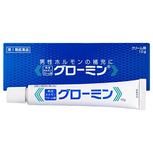 第1類医薬品ご注文時の流れこちらの医薬品は【第1類医薬品】です。ご購入には、医薬品・医療機器等法に定められた下記のお手続きが必要になります。Step 1「質問について回答をお願いします」・ご注文時に、こちらの医薬品を使用される方についての質問にご回答をしていただき、ご注文を確定してください。Step 2「薬剤師からのメールを確認してください」・ご注文確定後、薬剤師がお客様の回答内容を確認し、こちらの医薬品の商品情報について1週間以内にメールをお送りします。・お客様のメール環境設定により、メールを受信できない場合がございます。メールが確認できない場合は必ずご連絡ください。※回答内容を薬剤師が確認し、ご使用いただけないと判断した場合は、この医薬品を含むご注文をキャンセルさせていただきます。※商品情報について、ご不明な点ございましたら質問内容をご返信ください。Step 3「承諾ボタンを押す（商品の出荷確定します）」・薬剤師からのメールの内容をご確認・ご理解いただき、ご質問がない場合には、購入履歴画面から承諾ボタンを押してください。・承諾手続きには、薬剤師からのメール送信日から1週間の期限を設けております。・期限内に承諾ボタンが押されたことが確認できない場合は、ご注文をキャンセルさせていただきます。Step 4「商品を発送させていただきます」・承諾ボタンが押されたことが確認できましたら、ご注文いただきました商品を出荷させていただきます。・第1類医薬品を含むご注文の場合は、ご指定のお届け日にお届け出来ない場合がございます。あらかじめご了承ください。 DAITO GLOWMIN　男性ホルモンを補充する塗り薬本剤は、有効成分として男性ホルモンであるテストステロンを配合した医薬品です。本剤は、男性ホルモンの分泌不足を皮ふから補充して、分泌不足にともなう諸症状の改善を期待できるクリーム剤です。1） 体内で産生されるものと同じテストステロンを配合グローミンの有効成分となるのテストステロンは、体内で産生されるテストステロンと同じ化学構造。自然で体にやさしい男性ホルモンの補充が期待できます。2） 塗り薬だから出来る、自然なホルモン補充テストステロンを飲み薬にすると、体内を巡る前にテストステロンが肝臓で全て分解されてしまうので、効果が期待できません。本剤は塗り薬なので、皮膚から吸収されたテストステロンが血中に入り、体内を巡ってから最後に肝臓で分解されます。また、本来の分泌リズムに合わせて毎日少しずつ塗ることにより、自然で体にやさしい男性ホルモンの補充が期待できます。3） 塗心地の良いクリームタイプで無香料幅広いお客様から末永くご支持いただくことを目指して、日常の使い心地にこだわりました。そのため、長年の実績がある低刺激な基剤を吟味し、敢えて香料は無添加。さらに、きめ細かく伸びやかな塗心地をめざして真空乳化装置を用いたクリームにしました。＜効果・効能＞男性ホルモン分泌不足による性器の神経衰弱の諸症即ち勃起力減退・早漏・陰萎・性欲欠乏・性感減退・遺精・睾丸欠落症・先天性睾丸発育不全・脳下垂体性腺ホルモンが無効の潜伏睾丸・女性恥部無毛症・乳汁の分泌抑制。◎用語の解説「勃起力減退」とは勃起機能の衰えを指します。「陰萎」とは陰茎の張力の低下や勃起の低下を指します。「遺精」とは勃起が不十分なうちに射精してしまうことを指します。「潜伏睾丸」とは両側の睾丸が腹の中に停留していることを指します。＜用法・用量＞適当量を局所に塗擦してください。[注意](1) 定められた用法・用量を厳守してください。(2) 目に入らないように注意してください。万一、目に入った場合には、すぐに水またはぬるま湯で洗ってください。なお、症状が重い場合には、眼科医の診療を受けてください。(3) ご使用前後には、手指をよく洗ってください。(4) 塗布部を清潔にしてからお使いください。(5) 外用にのみ使用してください。＜詳しいご使用方法（推奨）＞■男性1回の塗布量：本剤をチューブの先から2cm程度を目安に指先にとり、局所へよくすり込んでください。用法：2回/日（朝・晩）、症状改善後は1回/日塗布部：陰のう、あご下又は腹部等。全体によくすり込んでください。■女性1回の塗布量：本剤をチューブの先から0.3cm程度を目安に指先にとり、局所へよくすり込んでください。用法：1回/日塗布部：患部。腟粘膜への塗布を避けてください。＜成分・分量＞ 100g中に次の有効成分を含んでいます。テストステロン 1g 男性ホルモン添加物として白色ワセリン、ステアリルアルコール、プロピレングリコール、ポリオキシエチレン硬化ヒマシ油60、モノステアリン酸グリセリン、メチルパラベン、プロピルパラベンを含有します。＜保管及び取扱の注意＞1）直射日光をさけ、湿気の少ない涼しい所に密栓して保管してください。2）小児の手の届かない所に保管してください。3）他の容器に入れ替えないでください。（誤用の原因になったり、品質が変わる恐れがあります。）4）使用期限を過ぎたものは使用しないでください。5）本剤が出すぎた場合は、チューブに戻さないでください。リスク区分：第1類医薬品使用期限：使用期限まで一年以上の商品をお送りします。販売名グローミン内容量10g区分医薬品製造販売元大東製薬工業株式会社広告文責昭和薬品株式会社連絡先電話番号 03-3254-4425薬剤師冬賀 育子JANコード 4956124000128