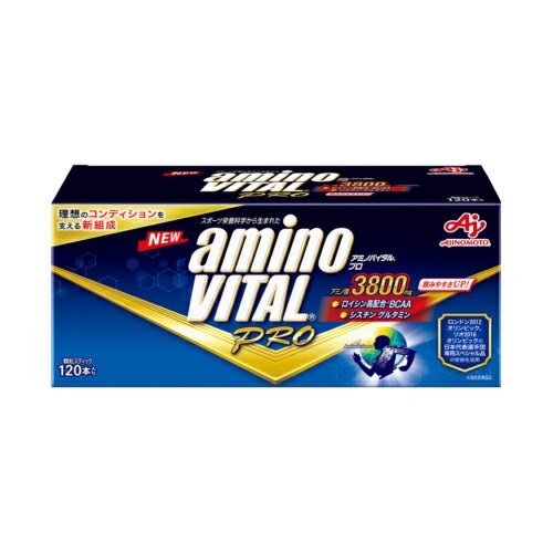 amino VITAL PRO　理想のコンディションを支える新組成スポーツ時に大切なアミノ酸（9種類のロイシン高配合必須アミノ酸＋シスチン、グルタミン）3800mgと8種類のビタミン配合。最新のスポーツ栄養科学研究から生まれたアミノ酸組成で、日々スポーツを続けたい方のカラダ全体のコンディショニングをサポートします。さっと口どけの良い顆粒状で、飲みやすいグレープフルーツ味(無果汁）です。＜飲み方＞トレーニングの前後や試合前がおすすめ。1日1〜3本を目安に、水などの飲料と一緒にそのままお飲みください。＜標準栄養成分＞ 1本（4.4g）あたりの栄養成分エネルギー:17kcal／たんぱく質:3.8g／脂質:0.08g／炭水化物:0.3g（推定値）／食塩相当量:0.06g／ビタミンA:181μg（推定値）／ビタミンB1:0.9mg／ビタミンB2:0.7mg／ビタミンB6:0.7mg／ビタミンB12:0.9μg／ナイアシン:5.0mg／パントテン酸:1.1mg／ビタミンD:1.8μgアミノ酸:3.8g（ロイシン:1.03g／イソロイシン:0.27g／バリン:0.28g／グルタミン:1.00g／シスチン:0.23g／他アミノ酸:0.99g）＜原材料名＞還元麦芽糖／ロイシン、グルタミン、リジン、バリン、イソロイシン、スレオニン、シスチン、酸味料、フェニルアラニン、ショ糖脂肪酸エステル、メチオニン、甘味料（アスパルテーム・L-フェニルアラニン化合物）、ヒスチジン、トリプトファン、貝Ca、香料、ナイアシン、パントテン酸Ca、V.B6、V.B1、V.B2、V.A、V.D、V.B12 販売名アミノバイタル プロ内容量120本生産国日本販売者味の素株式会社※モニターの設定や部屋の照明等により実際の商品と色味が異なる場合がございます。※パッケージデザイン等は予告なく変更されることがあります。JANコード 4901001577538