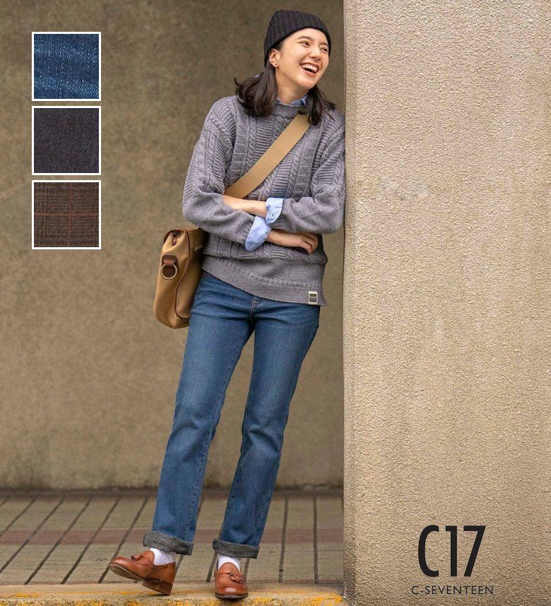 【C17公式】【8千円以上で10％OFFクーポン★6/20まで】【SALE★30％OFF】BODY FIRE ストレートデニムパンツ【暖】C-17 シーセブンティーン 暖かパンツ 秋冬用 ストレッチデニム ジーパン レディース カラーパンツ