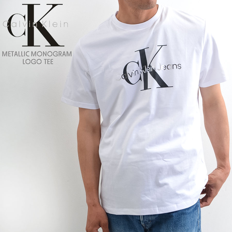 Rakuten - 【楽天スーパーSALE半額 50%オフ】カルバンクライン Calvin Klein Tシャツ メンズ レディース 半袖 Tシャツ モノグラム ロゴ プリント CKロゴ モノグラムロゴ 半袖Tシャツ シルバー 40BC839 BRILLIANT WHITE COMBO
