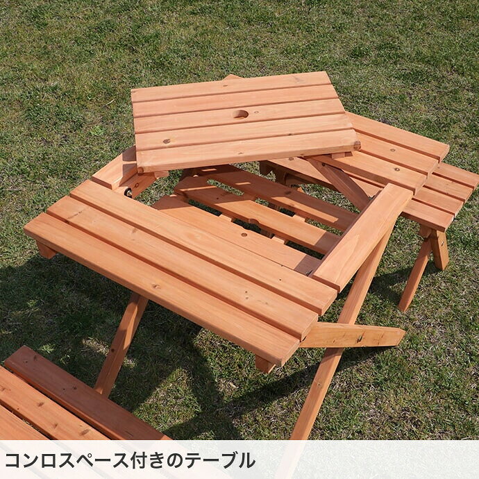 【クーポンで10％OFF! 9/18 0:00~23:59まで★】テーブル ガーデンセット チェア ベンチ グランピング アウトドア ソロキャンプ イス セット ガーデン家具 幅62 木製 木目 ウッド調 バーベキュー BBQ コンロスペース 収納付き コンパクト eeena-10030344 インテリアショップ・イーナ サンプル画像3