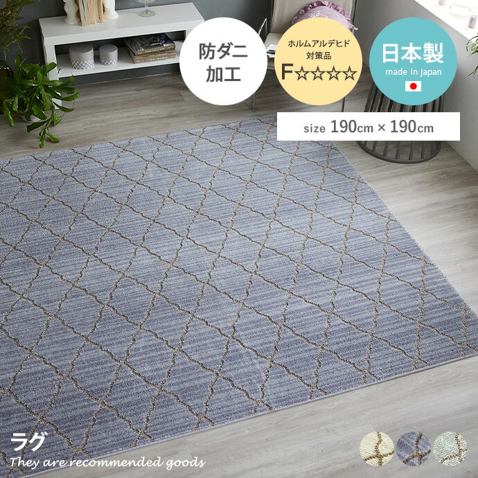 Rakuten - 【クーポンで15％OFF! 4/18 0:00~23:59まで★】ラグマット ラグ カーペット マット 四角 絨毯 190×190 正方形 防ダニラグ ホットカーペット 日本製ラグ 幅190 人気 新生活 オシャレ お洒落 国産ラグ 床暖対応 滑り止め付 遊び毛防止 低ホルム