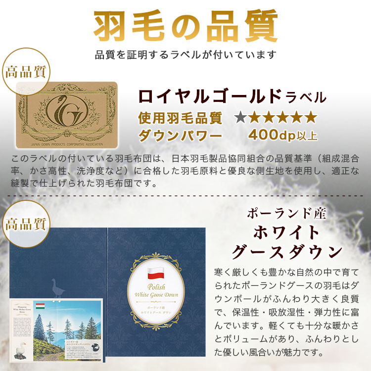 長身用 羽毛掛布団 ロイヤルゴールド ポーランド産ホワイトグース シングルスーパーロング 150×230cm ロングロング 高身長 大き目 ツインキルト ダウンパワー400dp eefuton-10004320 ええふとんや【布団・マットレス】 サンプル画像3