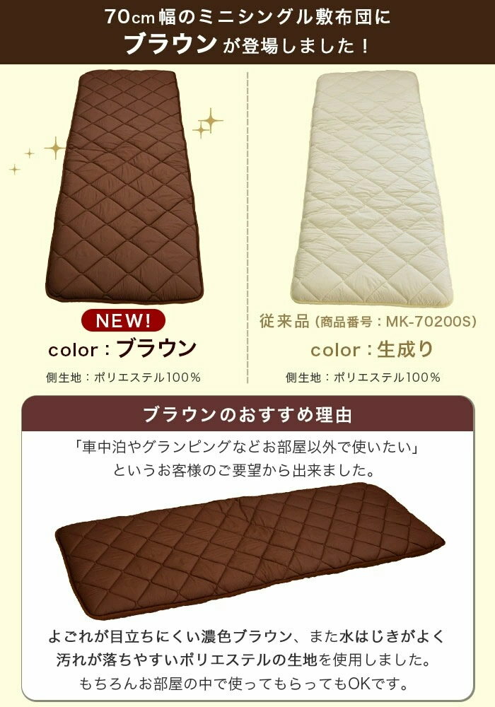 【13%OFF】7月限定SALE 【圧縮無しで出荷】小さめ 敷き布団 防ダニ 固わた入り 70×200cm ミニシングル 送料無料 日本製 ロングサイズ ごろ寝 幅が狭い セミシングル