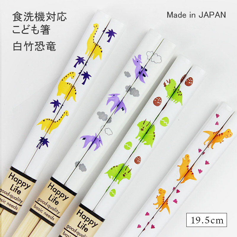 食洗機対応 子ども箸 白竹塗分 恐竜 19.5cm 国産 若狭塗 日本製 かわいい キッズ 子供箸 ティラノサウルス ブラキオサウルス プテラノドン トリケラトプス