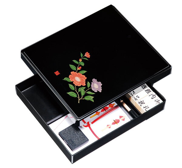 紀州漆器 印章セット 黒 山茶花(金蒔絵) 22761/21832