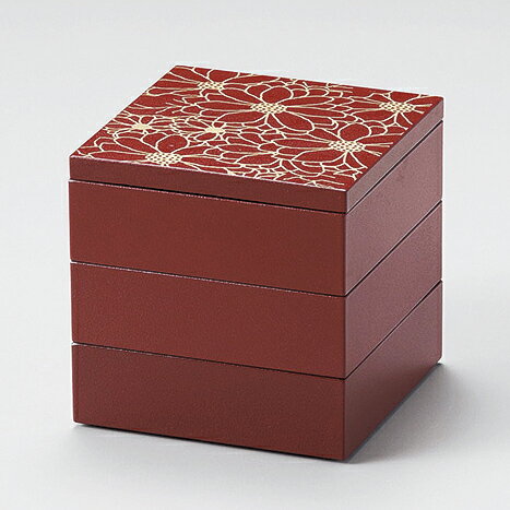 樂天商城 - 【売り切れ御免】越前漆器 12cm 銘々重箱 一人用 三段重 花 朱/金 日本製 国産 お正月 お花見 行楽 弁当箱 重箱