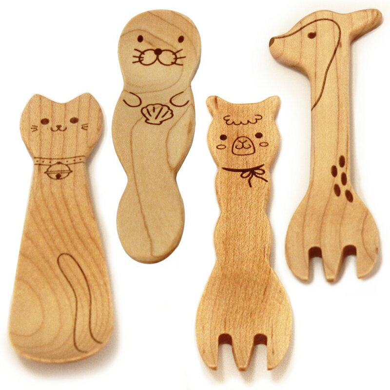 木製 子供 カトラリー 動物たちのおやつスプーン フォークセット バンビ アルパカ ねこ らっこ ビーチ材 お食い初め 離乳食 食器 出産祝い 内祝い 入園祝い ギフト 赤ちゃん ベビー