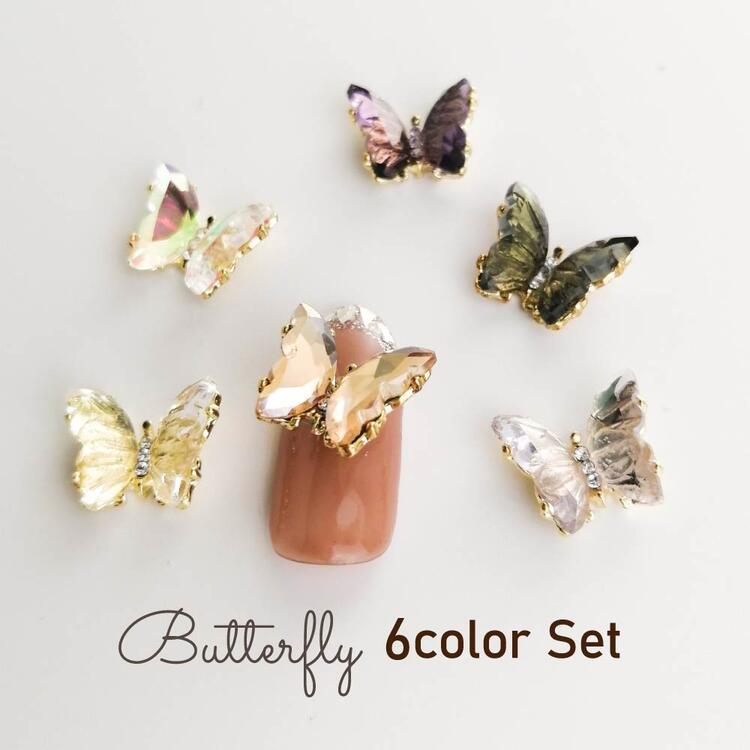 ネイルパーツ 蝶 【全6個 各色1個】クリア ブラック ピンク イエロー バタフライ 大きい 3d デコパーツ ジュエリー メタルパーツ ハンドメイド セルフネ...
