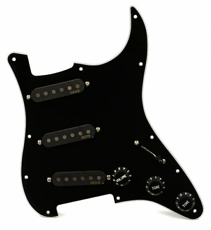 EMG RA-5 Pro Retro Active Strat Style Pre-wired Pickguard S/S/S - Black Type：Prewired Single-coil Pickguard Active/Passive：Active Magnet Material：Alnico V Position：Complete Set Number of Conductors：2 wire plus power Number of Strings：6 ※取付は自己責任で行ってください ※取付作業後の商品返品は一切お受け出来ません ※取付作業に関わるギターへのダメージ等、当店では責任を負いかねます