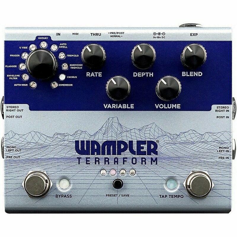 Wamplerより、11種類のサウンドを詰め込んだマルチ・モジュレーション・ペダルの登場です！ ■11 iconic modulation effects: Auto-Wah Envelope Filter Flanger Phaser U Vibe Rotary Auto Swell Tremolo Harmonic Tremolo Chorus Dimension ・ステレオ入出力 ・8プリセット ・MIDI 対応 電源：9V DC power supply