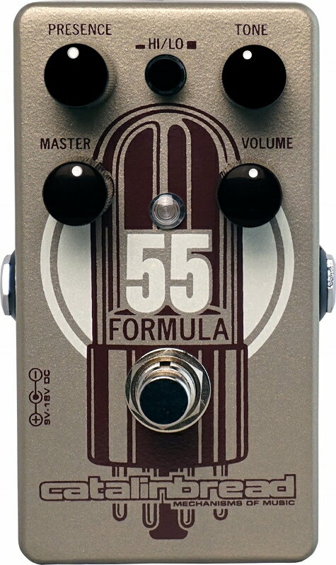 Catalinbread より新しいオーバードライブ”Formula NO. 55”の登場です！ “5E3”ツイードデラックスサウンドに感化された、次世代のオーバードライブペダルの登場です！ クラシックな5E3アンプのプリアンプセクションを綿密に再現しています。 トゥルーバイパススイッチング インプットインピーダンス：1M アウトプットインピーダンス：15k 電源：DC9-18Vセンターマイナスアダプター　or 9V電池で駆動 サイズ：11.11×6×4.76cm