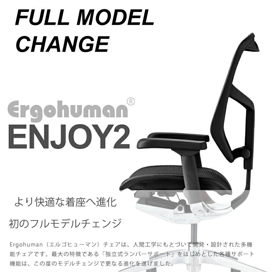 お買い物マラソンポイント最大49倍実施中 【レビューでクーポン進呈】エルゴヒューマン エンジョイ2 EJ2-LAM ランバーサポート 肘調節 リクライニング 座面昇降 オフィスチェア 人間工学