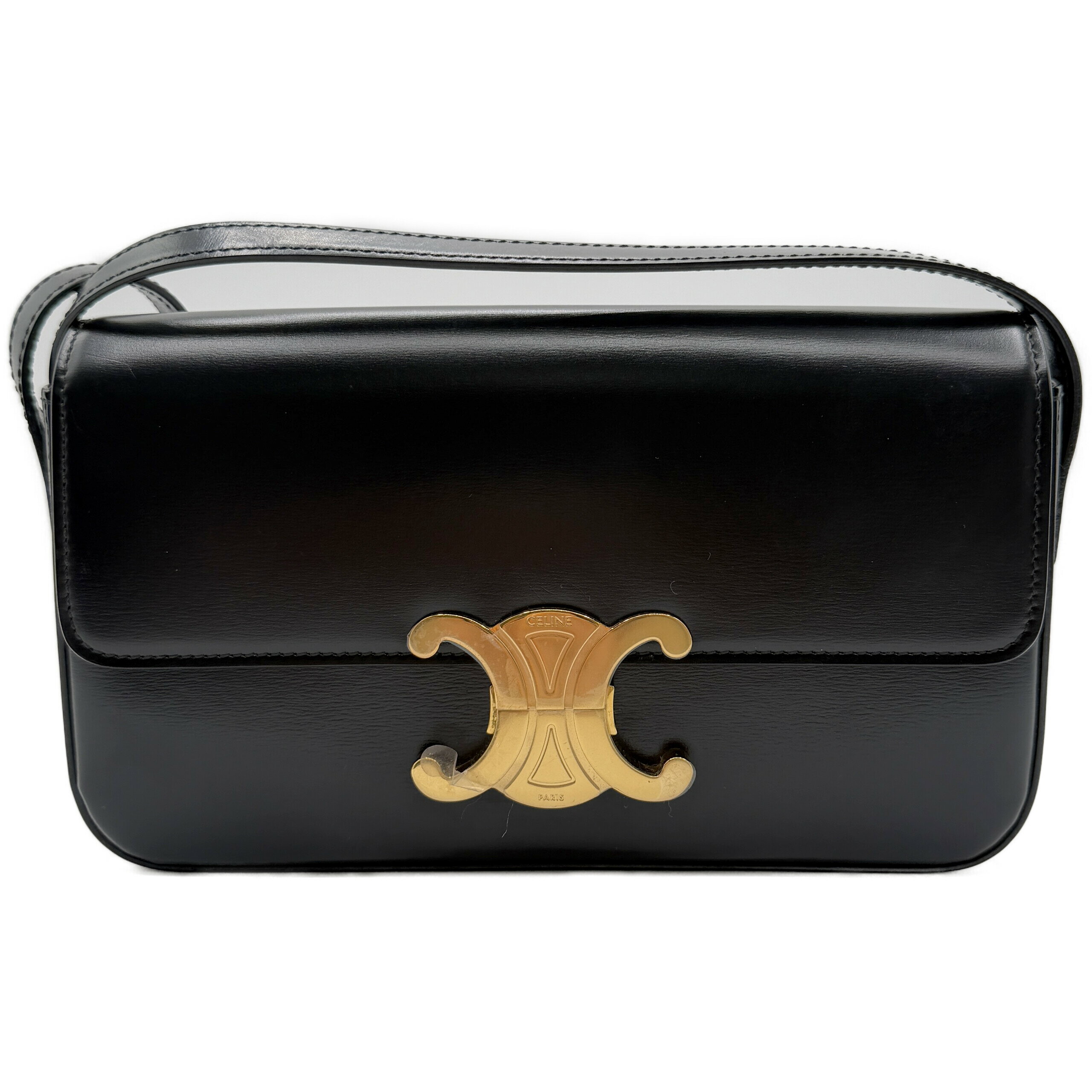 セリーヌ トリオンフ クロード 黒 シャイニーカーフスキン ゴールド金具 新品同様 CELINE レディース バッグ ショルダーバッグ レザー ブラック 194143BF4